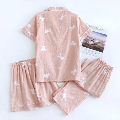 Summer new couple pajamas three-piece set short-sleeved + shorts + trousers 100% cotton gauze men's and women's home clothes