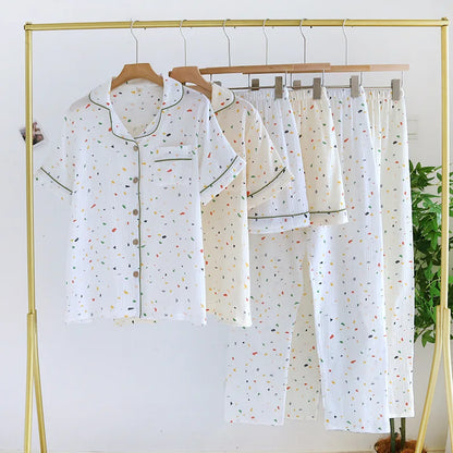 2025 Spring/Summer New Women's Pajamas Three Piece Set 100% Pure Cotton Crepe Thin Short Sleeves+Shorts+Long Pants Home Fury