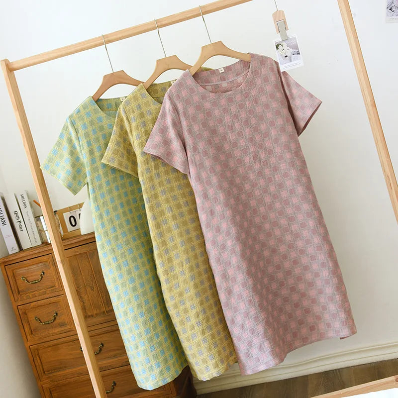 2025 New Summer Short Sleeve Sleeping Skirt 100% Cotton Yarn Weaving Jacquard Loose Pullover Mid length Plaid Skirt Home Dress