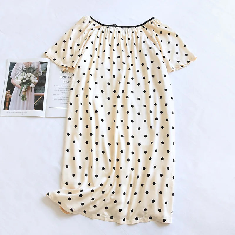 2025 New Women's Summer Short sleeved Nightwear 100% Viscous Fiber Comfortable and Breathable Soft Dress Thin Large Home Fury