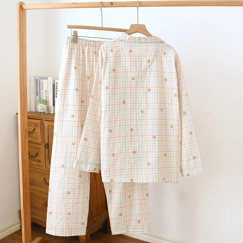 2025 New Spring/Summer Women's Pajama Set 100% Cotton Double Layer Gauze Long Sleeve Cardigan Cute Home Clothes Sleepwear