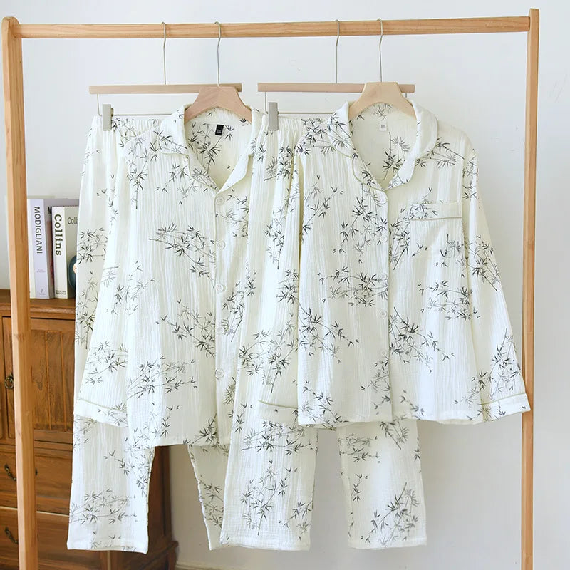 2025 New Spring and Autumn Couple Pajama Set 100% Cotton Crepe Fresh Long sleeved Pants for Men and Women Large Homewear Set