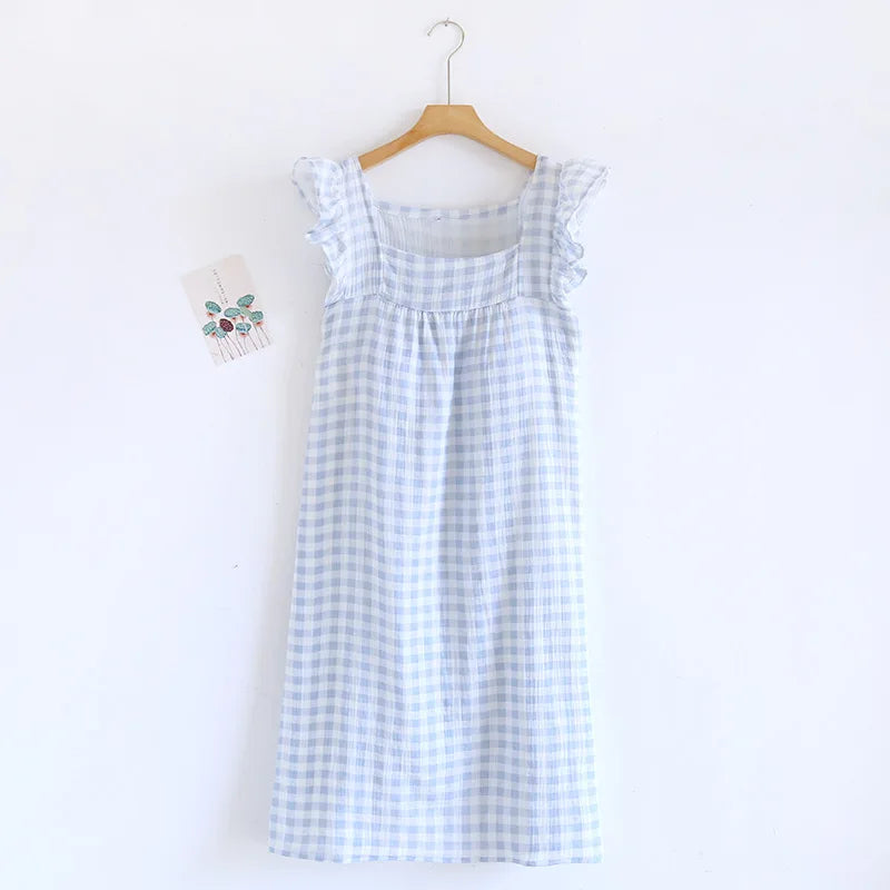 2025 Summer New Women's Sleeping Skirt Tank Top 100% Pure Cotton Large Size Loose Plaid with Chest Cushion Dress Home Fury