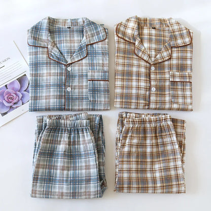 2025 Japanese New Men's Pajama Set Spring/Summer Checkered Simple Long sleeved Two Piece Set 100%Cotton Cardigan Home Furnishing