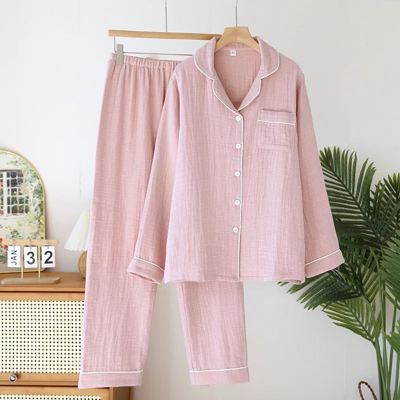 2025 New Spring Couple's Pajama Set 100% Cotton Four Layer Gauze Men's and Women's Long Sleeve Long Pants Two Piece Home Clothes