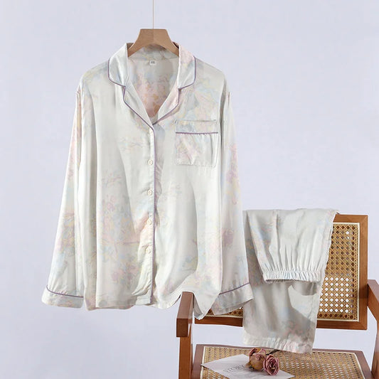2025 New Spring/Summer Women's Pajama Set High Grade Viscose Long Sleeve Long Pants Two Piece Set Large Size Thin Home Clothing