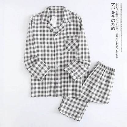 Japanese new couple pajamas, long-sleeved trousers, two-piece 100% cotton gauze simple plaid home service suit for men and women