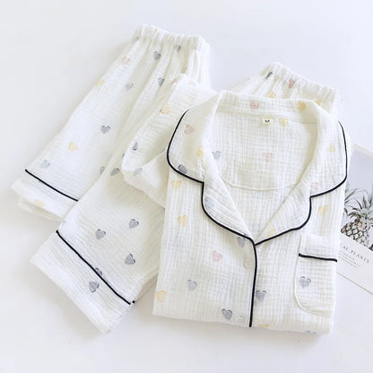 2025 New Summer Women's Pajama Set 100% Cotton Crepe Short Sleeves+Shorts+Pants Three Piece Casual Ladies Homewear Sleepwear