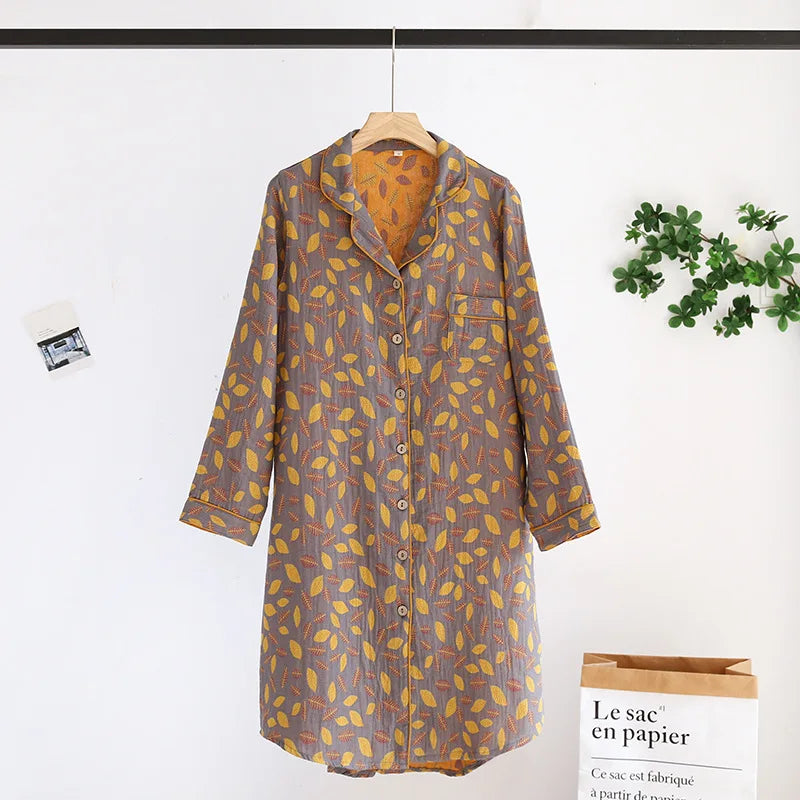 New Spring and Summer Women's Nightdress 100% Cotton Leaf Flower Long Sleeve Dress Large Home Dress Retro Long Sleeve Dress
