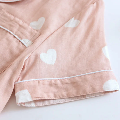 New spring and summer women's pajamas three-piece set short sleeves + shorts + trousers 100%cotton gauze love print homewear set