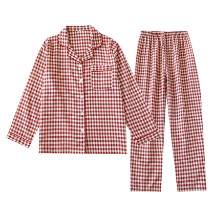 2025 Spring/Summer Couple Pajama Set 100% Cotton Double Layer Gauze Men's and Women's Japanese Plaid Set Long sleeved Home Fury