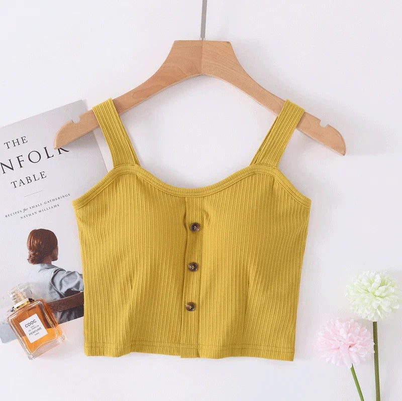 Manufacturer wholesale 2025 new spring and summer cotton belt bra sling vest women button wide shoulder belt women's navel vest