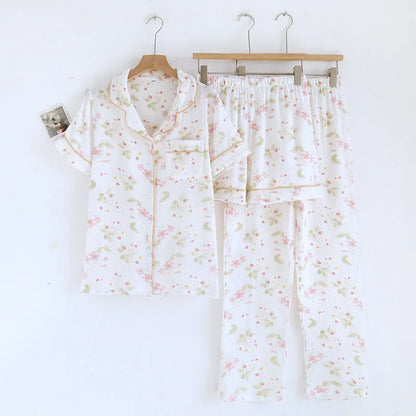 2025 New Spring/Summer Women's Pajama Set 100% Cotton Crepe Short Sleeve+Shorts+Pants 3-Piece Thin cardigan Home Clothes Ladies