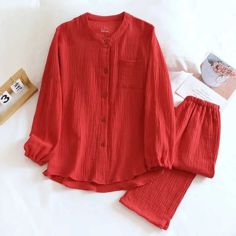2025 New Spring and Autumn Couple Pajama Set 100%Cotton Crepe Fabric Men's and Women's Long Sleeve Pants Home Suit Two Piece Set