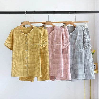 2025 Spring/Summer Couple Pajama Set 100% Cotton Gauze Short Sleeves+Capris Two Piece Men's and Women's Checkered Home Fur