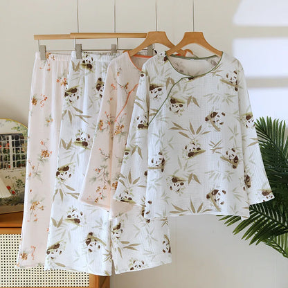 2025 Spring and Autumn New Women's Cartoon Pajama Set 100% Cotton Crepe Chinese Long Sleeve Long Pants Two Piece Set Ladies