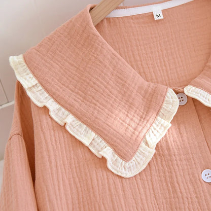 2025 new women's pajama suit 100% cotton crepe sweet lovely long-sleeved trousers two-piece home wear thin sleepwear women