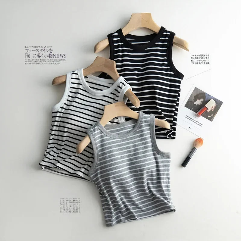 2025 Summer New Women's Tank Top Pajamas All Cotton with Chest Pads Tank Top with Stripe Sports Bottom Short Home Fur Ladies