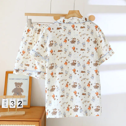 2025 New Summer Women's Pajama Set 100% Cotton Crepe Large Short Sleeve Shorts Two Piece Home Clothes Sleepwear Ladies