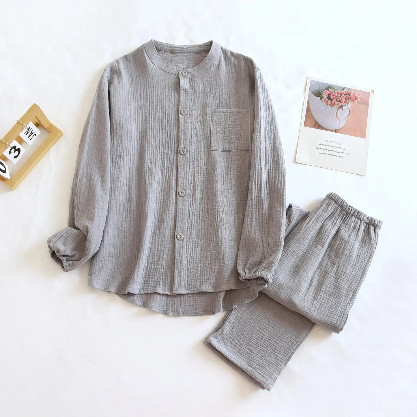 2025 New Spring and Autumn Couple Pajama Set 100%Cotton Crepe Fabric Men's and Women's Long Sleeve Pants Home Suit Two Piece Set
