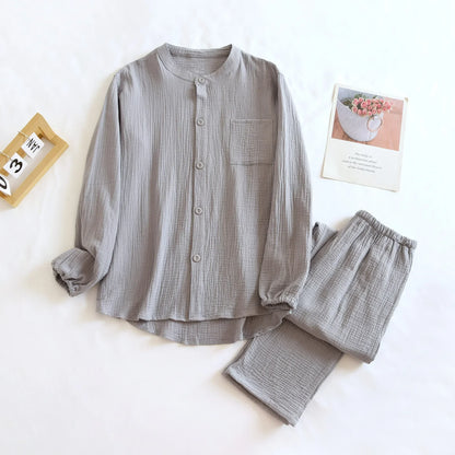 2025 New Spring and Autumn Couple Pajama Set 100%Cotton Crepe Fabric Men's and Women's Long Sleeve Pants Home Suit Two Piece Set
