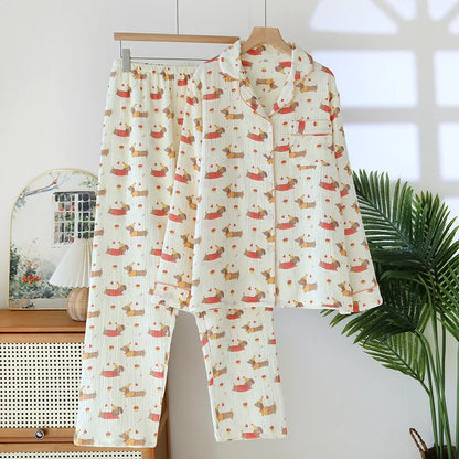 New large size pajamas women cotton crepe home service cotton long sleeve trousers suit simple and comfortable summer and autumn