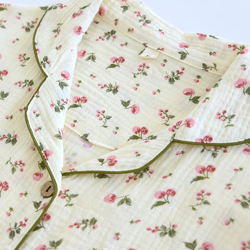 2025 Spring and Autumn Women's Pajama Set 100% Cotton Crepe Long sleeved Pants Two piece Cute and Sweet Home Fury Set Ladies