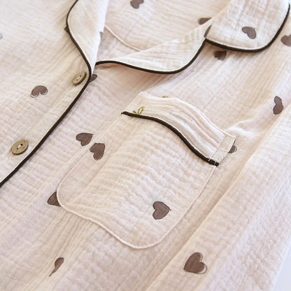 2025 New Spring/Summer Women's Pajama Set 100% Cotton Crepe Cute Love Long Sleeve Long Pants Two Piece Set Cardigan Home Clothes