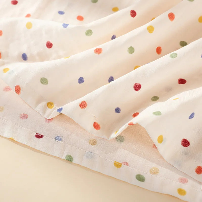 2025 New Summer Sleeping Skirt 100% Cotton Gauze Thin Style Wave Point Home Skirt Loose Round Neck Short Sleeve Sleeping Skirt
