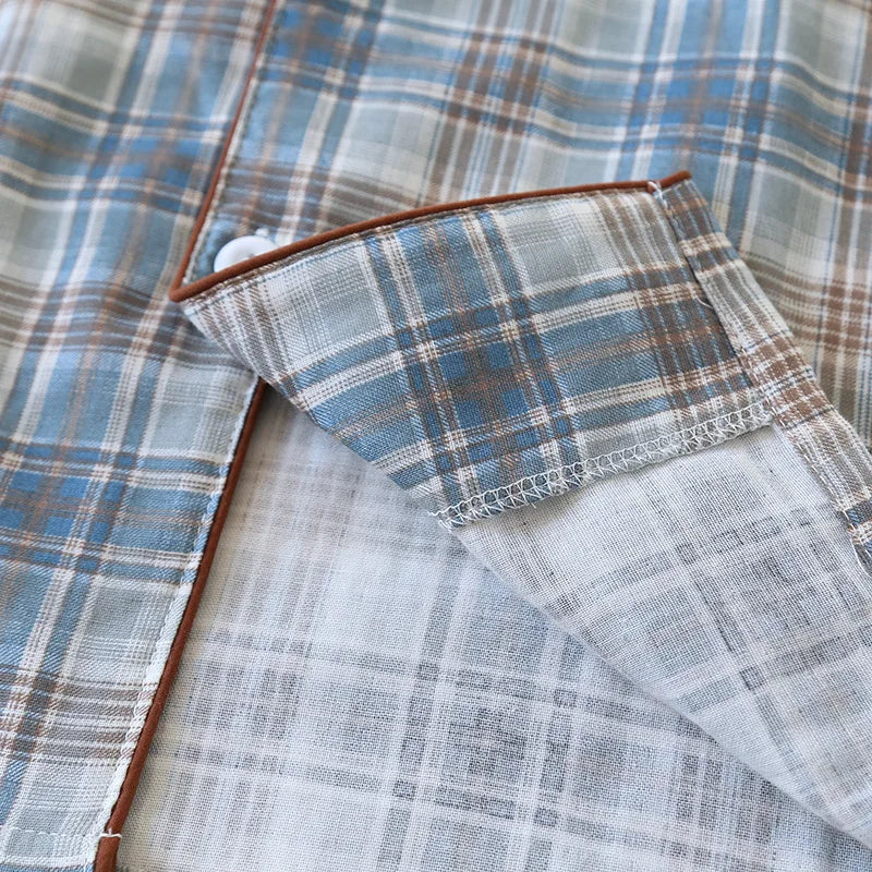 2025 Japanese New Men's Pajama Set Spring/Summer Checkered Simple Long sleeved Two Piece Set 100%Cotton Cardigan Home Furnishing