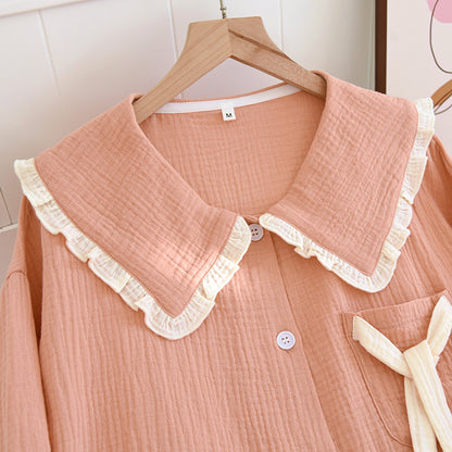 2025 new women's pajama suit 100% cotton crepe sweet lovely long-sleeved trousers two-piece home wear thin sleepwear women