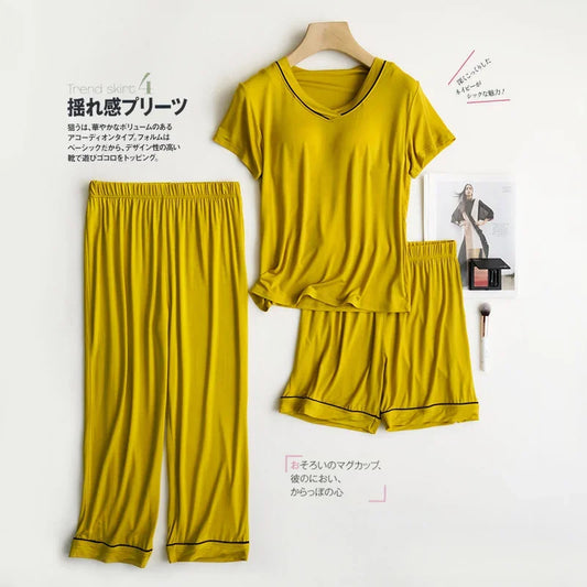 2025 summer new women's pajamas 3-piece Modal large simple pajamas with bra short sleeves+shorts+trousers casual home wear