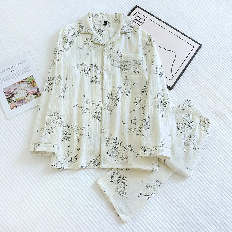 2025 New Spring and Autumn Couple Pajama Set 100% Cotton Crepe Fresh Long sleeved Pants for Men and Women Large Homewear Set