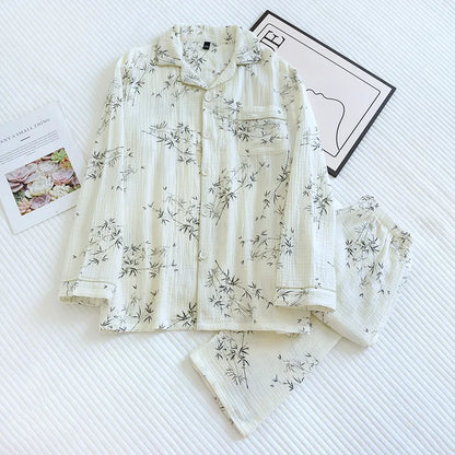 2025 New Spring and Autumn Couple Pajama Set 100% Cotton Crepe Fresh Long sleeved Pants for Men and Women Large Homewear Set