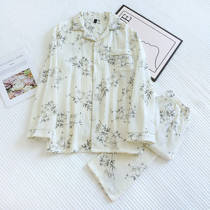 2025 New Spring and Autumn Couple Pajama Set 100% Cotton Crepe Fresh Long sleeved Pants for Men and Women Large Homewear Set