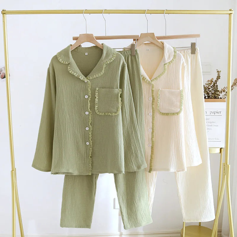 2025 Spring and Autumn New Women's Pajama Set 100%Pure Cotton Crepe Lapel Long sleeved Pants Two piece Set Fresh Loose Home Fury
