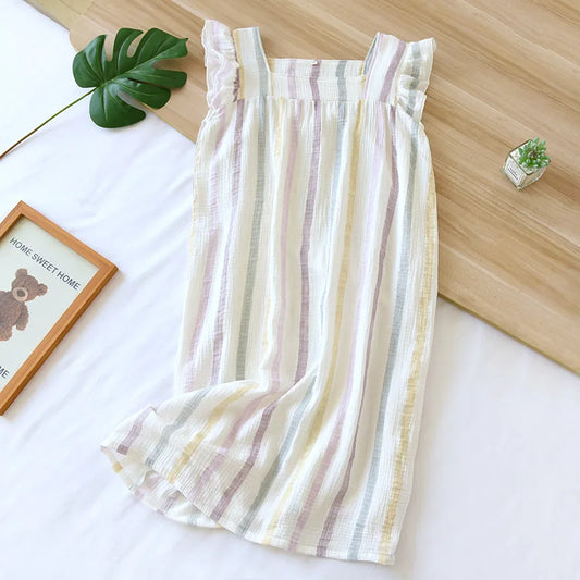 2025 Summer New Women's Sleeping Skirt 100% Cotton Crepe Sling Skirt Soft and Comfortable Sleeveless Tank Top Home Dress Ladies
