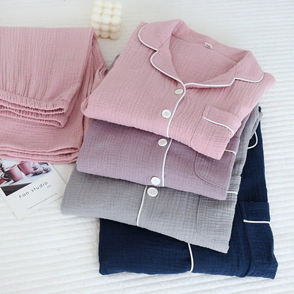 New Spring and Autumn Couple Pajamas Set 100%Cotton Crepe Long Sleeve Pants Two Piece Men's and Women's Large Size Home Garments