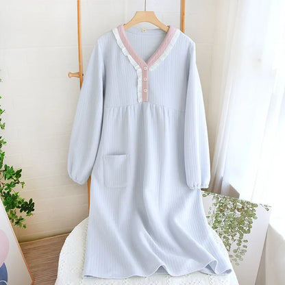 Autumn and Winter New Women's Long Skirt Thickened Thermal Nightdress 100% Cotton Cotton Clip Long Sleeve Home Dress sleepwear