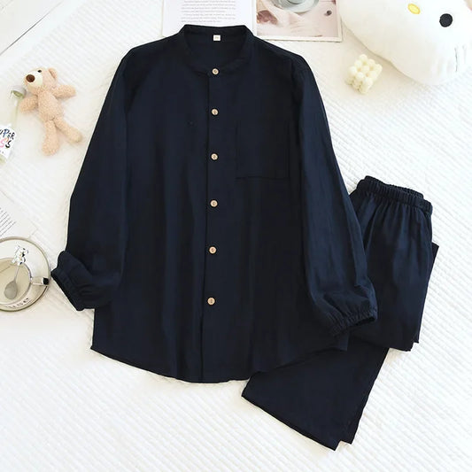2025 New Spring/Summer Couple's Pajama Set 100% Cotton Simple Men's and Women's Long Sleeve Long Pants Two Piece Home Clothes