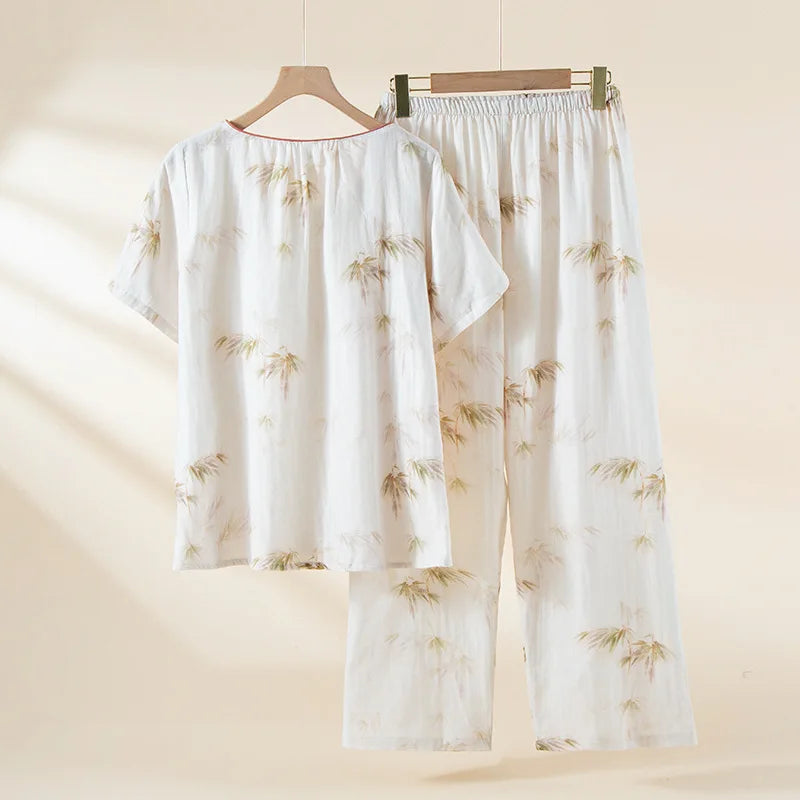 2025 New Spring/Summer Women's Pajama Set 100% Cotton Chinese Style Outable Short sleeved Pants Two piece Home Clothes