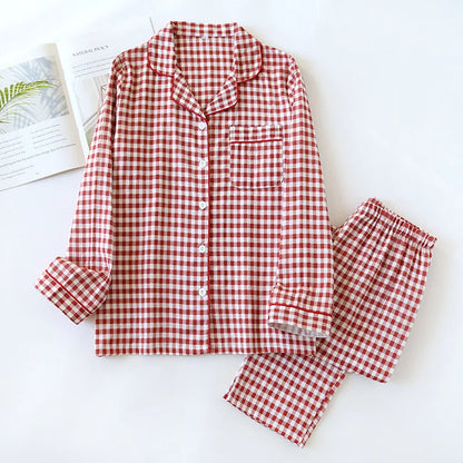 2025 Spring/Summer Couple Pajama Set 100% Cotton Double Layer Gauze Men's and Women's Japanese Plaid Set Long sleeved Home Fury