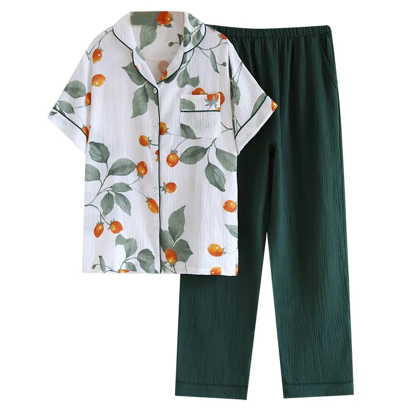 2025 Japanese Summer New Women's Pajama Set Short Sleeve+Long Pants Two piece Set 100%Cotton Thin Cardigan Home Furnishing Fresh