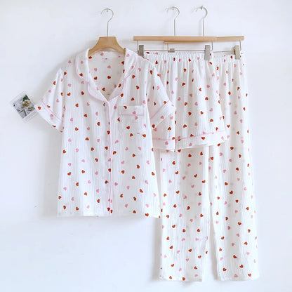 2025 New Summer Pajama Set 100% Cotton Crepe Love Short Sleeves+Shorts+Pants Three Piece Buckle Cute Home Fury Ladies Sleepwear