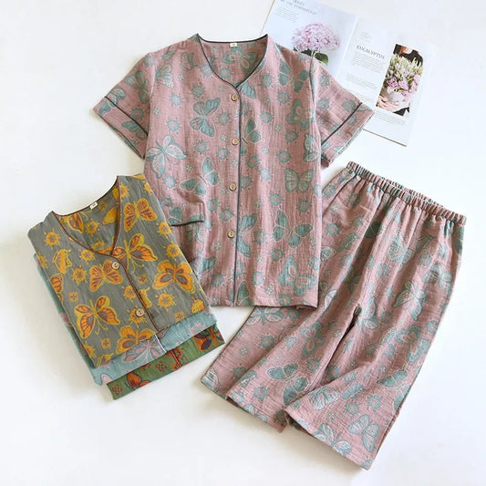 2025 Spring/Summer New Women's Pajama Set 100% Cotton Jacquard Short Sleeves+Capris Two Piece V-Neck Thin Homewear Ladies