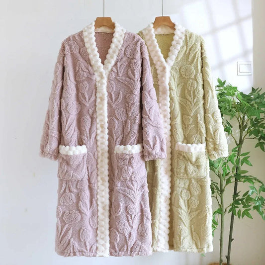 2025 autumn and winter women's nightgown flannel V-neck flower tulip plus velvet cardigan nightgown nightgown sleepwear women