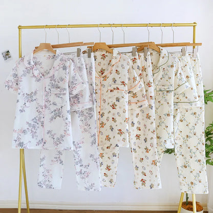 2025 New Women's Spring/Summer Pajama Set 100% Cotton Short Sleeves+Shorts+Long Pants Three Piece Thin Sweet Home Furnishings