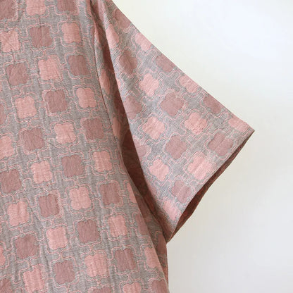2025 New Summer Short Sleeve Sleeping Skirt 100% Cotton Yarn Weaving Jacquard Loose Pullover Mid length Plaid Skirt Home Dress