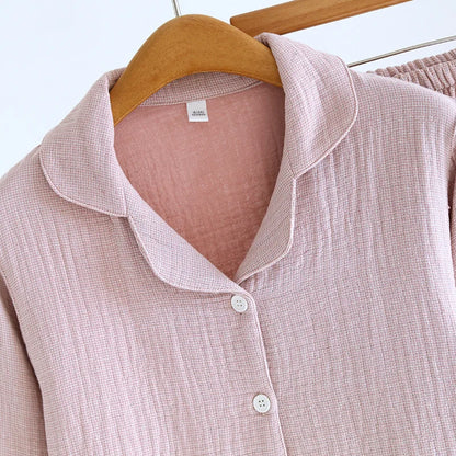 2025 New Couple's Pajama Set 100% Cotton Men's and Women's Collar Long Sleeve Long Pants Solid Color Two Piece Home Set Pijamas