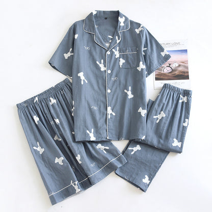 Summer new couple pajamas three-piece set short-sleeved + shorts + trousers 100% cotton gauze men's and women's home clothes